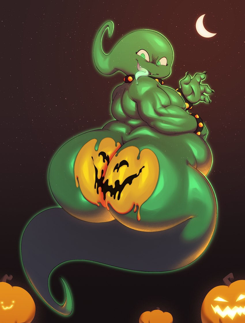 armband belly big_butt bodypaint butt collar food fruit gesture glowing glowing_body glowing_eyes green_body green_eyes holidays huge_butt jack-o'-lantern looking_at_viewer male moon nude open_mouth overweight painted_butt plant pumpkin pumpkin_butt simple_background smile solo spiked_armband spiked_collar spikes thick_thighs tongue tongue_out waving trashdrawy halloween gu_(character) ghost spirit hi_res