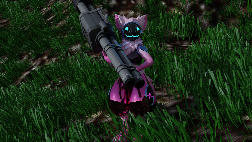 anthro blue_eyes chest_tuft claws cybernetics feet female fur gradient_fur grass inner_ear_fluff looking_at_viewer machine outside pink_body pink_fur plant ranged_weapon rocket_launcher screen screen_face solo standing toe_claws tuft weapon weapon_on_shoulder jorric_(artist) morganite_(protogen) protogen 16:9 2021 3d_(artwork) absurd_res digital_media_(artwork) hi_res huge_filesize widescreen