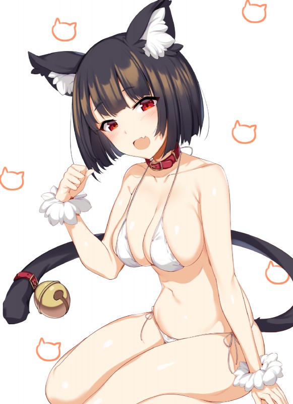 accessory bell bikini black_hair blush breasts cleavage clothed clothing collar female furgonomics hair inner_ear_fluff kneeling navel open_mouth red_eyes solo swimwear tail tail_accessory tail_bell tuft two-piece_swimsuit ikomochi azur_lane yamashiro_(azur_lane) animal_humanoid cat_humanoid felid felid_humanoid feline feline_humanoid humanoid mammal mammal_humanoid 2018 hi_res