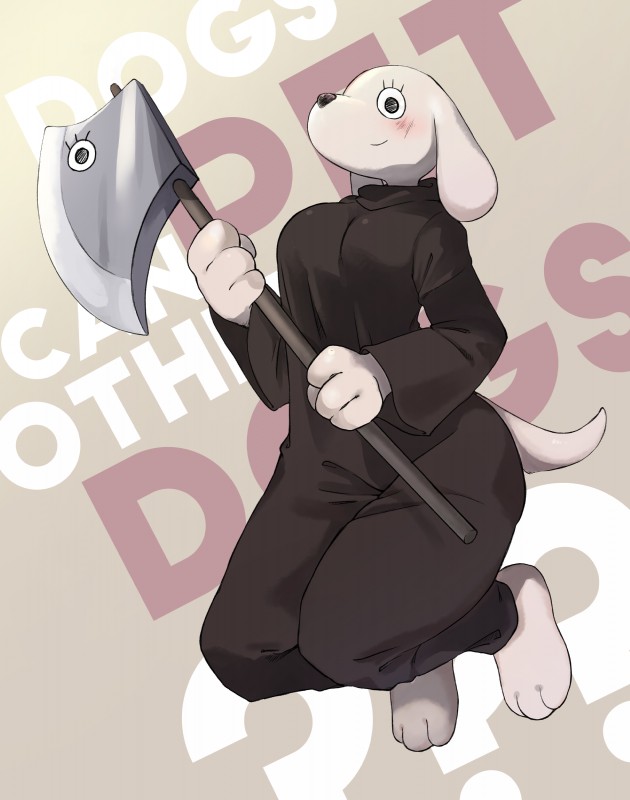 3_toes 4_fingers anthro axe barefoot black_nose blush breasts clothed clothing eyelashes feet female fingers fur hindpaw melee_weapon paws robe simple_background smile solo text toes weapon white_body white_fur chaora undertale undertale_(series) dogaressa canid canine canis domestic_dog mammal absurd_res english_text hi_res