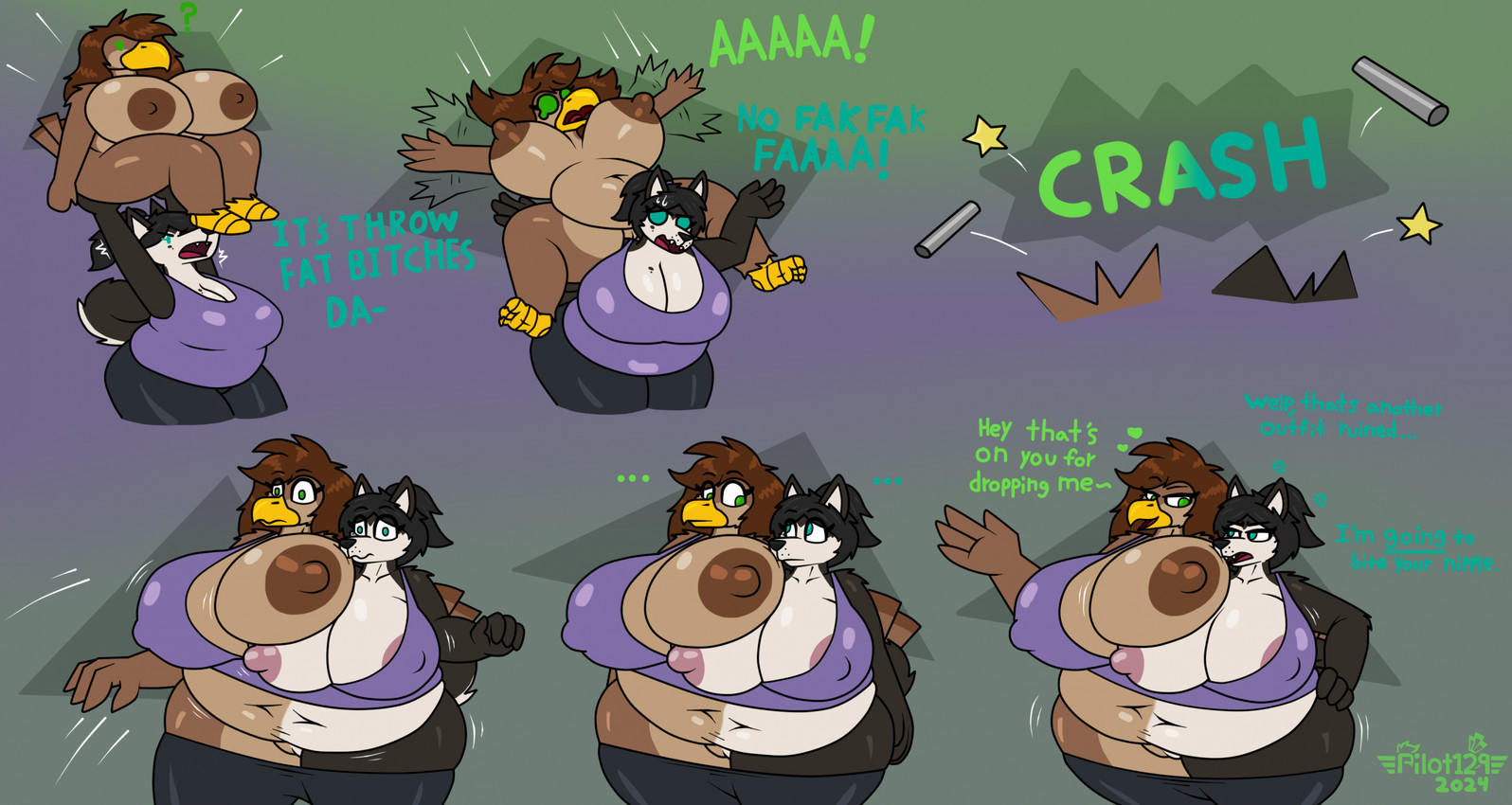 4_fingers anthro beak belly big_breasts black_hair black_nose blue_eyes bottomwear breasts brown_hair brown_nipples clothed clothing conjoined cross-popping_vein ellipsis feathers female fingers fusion genitals green_eyes hair heart_symbol huge_breasts innie_vulva mismatched_nipples multicolored_body navel nipples non-mammal_nipples open_beak open_mouth orange_beak overweight overweight_anthro overweight_female pants pink_nipples red_tongue sharp_teeth shirt tail tail_feathers teeth text tongue topwear torn_clothing transformation vulva pilot129 kayla_(lonnyk) pilot_(pilot129) accipitrid accipitriform avian bird canid canine canis domestic_dog eagle husky mammal nordic_sled_dog spitz 2024 english_text hi_res