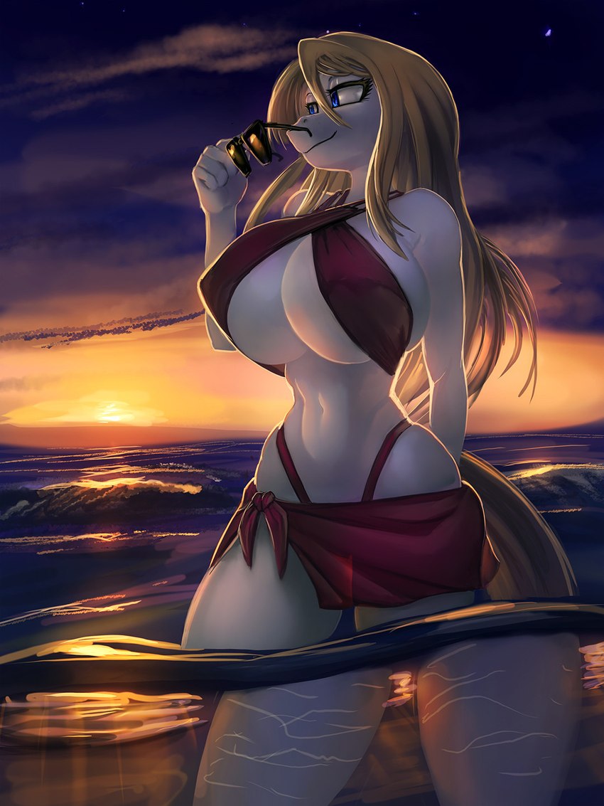 anthro big_breasts blonde_hair blue_eyes breasts clothing cloud eyewear female hair holding_eyewear holding_object holding_sunglasses outside partially_submerged red_clothing red_swimwear refraction sarong smile solo star sunglasses sunset swimwear water white_body general-irrelevant anna_(sailoranna) equid mammal 2022 3:4 digital_media_(artwork) hi_res