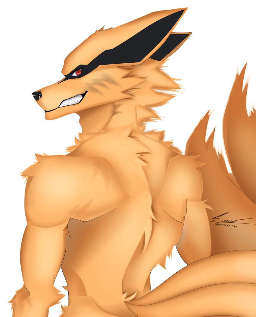 anthro fur male multi_tail orange_body orange_fur rear_view red_eyes solo tail enoxarts naruto naruto_(series) naruto_shippuden kurama canid canine fox fox_spirit mammal absurd_res clip_studio_paint_(artwork) digital_drawing_(artwork) digital_media_(artwork) half-length_portrait hi_res portrait