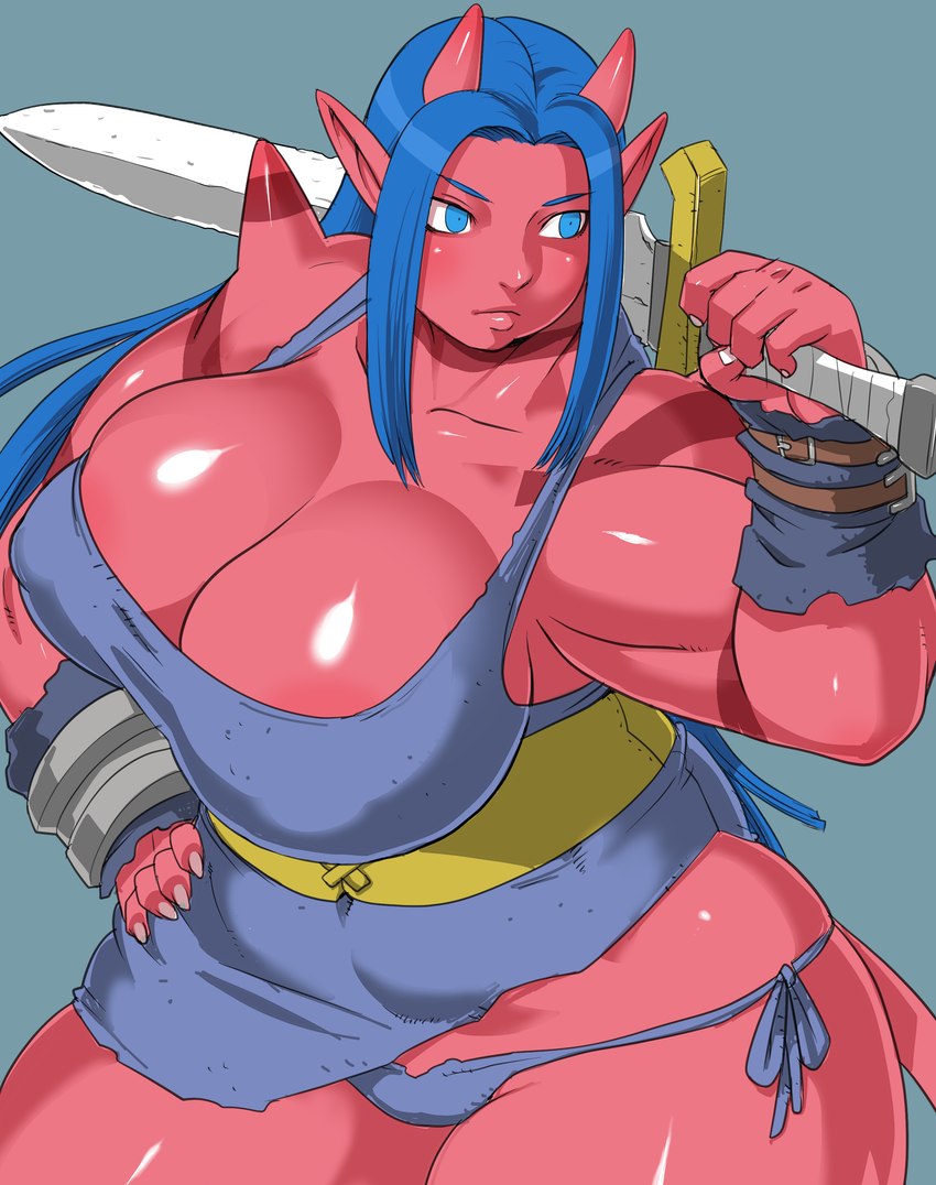 big_breasts blue_eyes blue_hair blush breasts cleavage clothed clothing female grey_background hair hand_on_hip holding_melee_weapon holding_object holding_sword holding_weapon horn huge_breasts long_hair melee_weapon muscular muscular_female nipple_outline panties purple_clothing purple_panties purple_underwear red_body red_horn red_skin simple_background solo spikes spikes_(anatomy) sword tail thick_thighs underwear weapon weapon_on_shoulder wide_hips kjm_video asian_mythology east_asian_mythology japanese_mythology mythology demon horned_humanoid humanoid ogre_(dragon_quest_x) oni tailed_humanoid yokai absurd_res hi_res