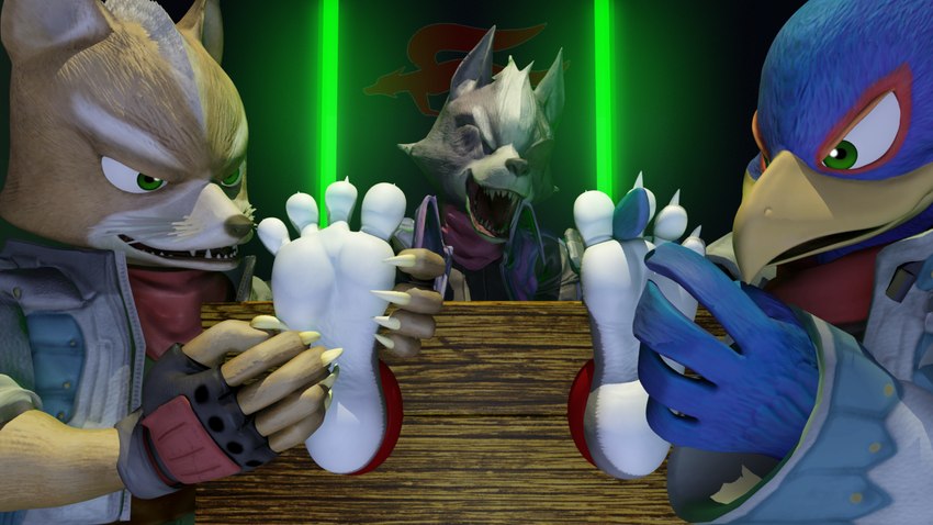 4_toes 5_fingers anthro barefoot claws clothing eyes_closed feet finger_claws fingerless_gloves fingers foot_fetish foot_focus gloves group handwear laugh male male/male neon neon_lights plantigrade restraints soles stocks tickle_fetish tickle_torture tickling tickling_feet toe_claws toes trio wuffeet nintendo star_fox falco_lombardi fox_mccloud wolf_o'donnell avian bird canid canine canis falcon falconid fox mammal wolf 3d_(artwork) digital_media_(artwork) hi_res