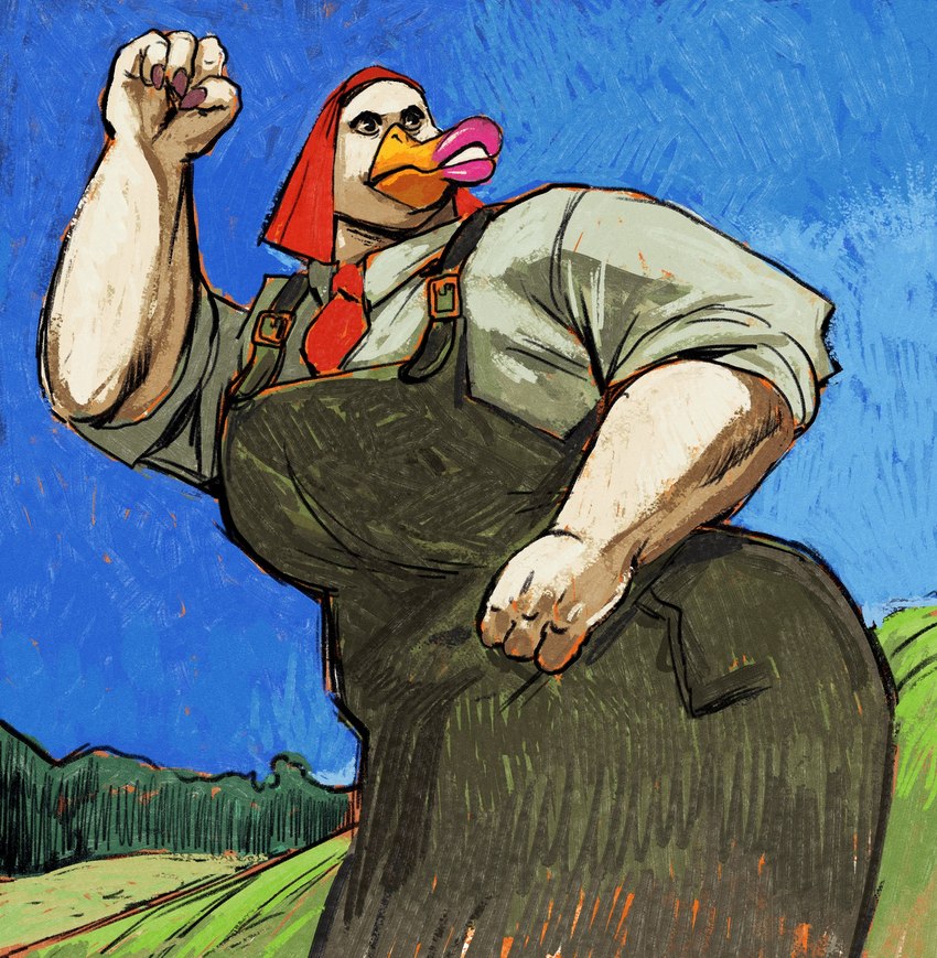 anthro apron beak beak_lips blue_sky clothed clothing communism curvy_figure dress expressionism feathers female fist green_clothing green_shirt green_topwear headgear headwear landscape lips nails outside politics raised_arm raised_fist raised_hand red_clothing red_headwear red_scarf rolled_up_sleeves russia scarf shirt sky socialism solo thick_arms thick_lips topwear uniform white_body white_feathers wide_hips dyna_soar anatid anseriform avian bird duck 2021 hi_res