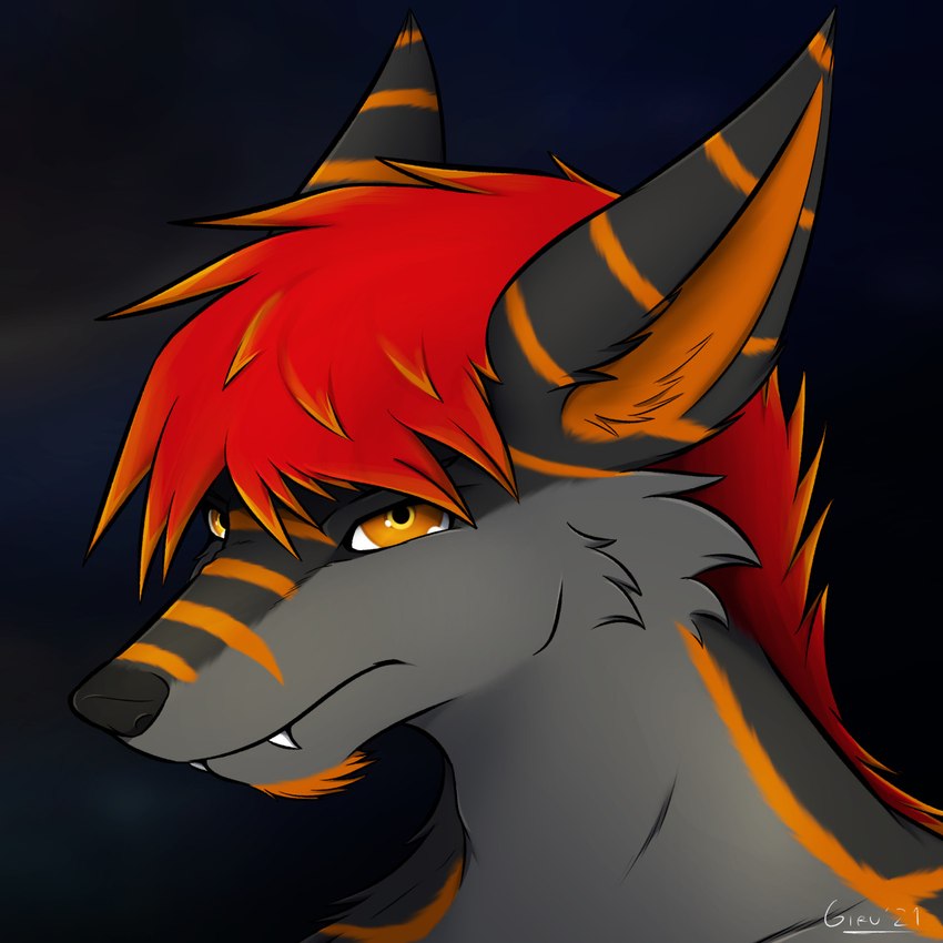 anthro fangs fur grey_body grey_fur hair looking_at_viewer male markings orange_body orange_eyes orange_fur orange_hair orange_stripes red_hair solo striped_markings stripes teeth giru_(artist) kunzo canid canine fox mammal 1:1 headshot_portrait hi_res portrait