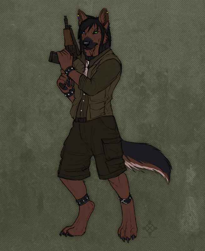 4_toes aks-74u anklet anthro barefoot belt biped black_body black_fur black_hair black_nose bottomwear brown_body brown_fur cargo_shorts claws clothed clothing collar cross cross_pattee digitigrade ear_piercing feet flak_jacket fully_clothed fur gun hair heterochromia hindpaw holding_gun holding_object holding_ranged_weapon holding_weapon iron_cross jewelry looking_at_viewer male necklace olive_drab pants pawpads paws piercing pose ranged_weapon shirt shorts simple_background solo standing toes topwear weapon white_body white_fur cedarwolf afevis_(character) canid canine canis domestic_dog german_shepherd herding_dog mammal pastoral_dog 2013