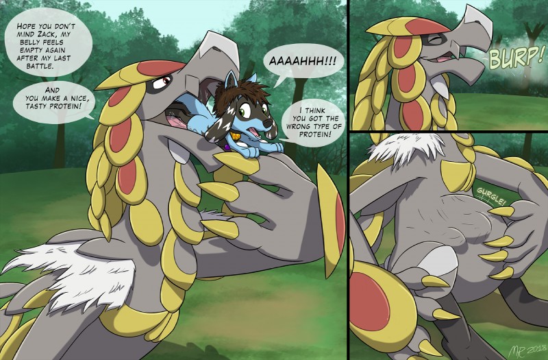 belly bloated duo feral fight forced hair long_neck open_mouth plated_scales size_difference steel text vore mightyraptor mythology nintendo pokemon fan_character zack_the_riolu dragon generation_4_pokemon generation_7_pokemon kommo-o mythological_creature mythological_scalie pokemon_(species) riolu scalie comic english_text hi_res