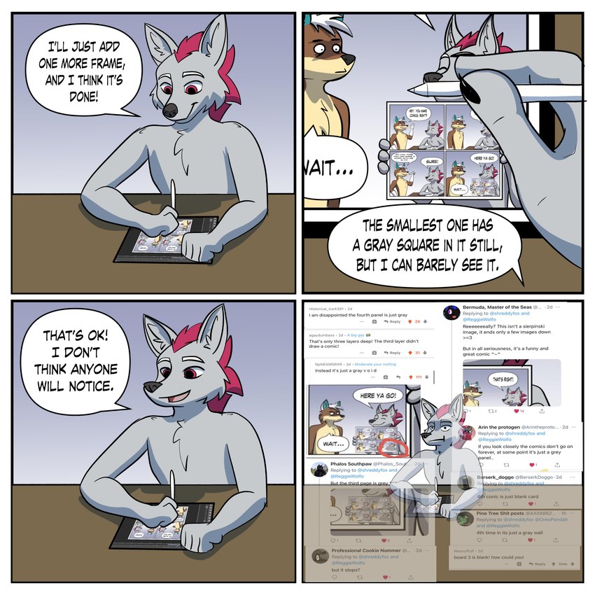 anthro border caught_in_the_act dialogue drawing drawing_tablet electronics furniture hair humor male pen profanity recursion sitting solo table text user_avatar white_border shreddyfox twitter shreddy_(shreddyfox) canid canine canis fox mammal wolf 1:1 2021 absurd_res comic english_text hi_res