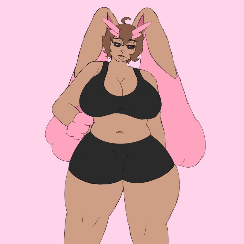 anthro big_breasts bottomwear bra breasts brown_body brown_fur brown_hair cleavage clothed clothing female floppy_ears fur hair hand_on_hip pink_eyes pink_nose shorts slightly_chubby slightly_chubby_anthro slightly_chubby_female solo sports_bra thick_thighs underwear wide_hips workout_clothing dirkstridoritos nintendo pokemon bonnie_(dirkstridoritos) generation_4_pokemon lopunny pokemon_(species) shiny_pokemon 1:1 hi_res