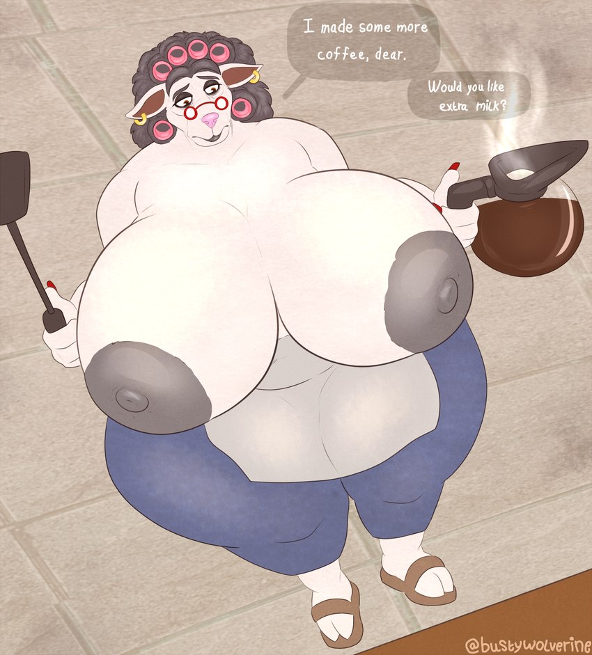 anthro areola belly beverage big_breasts breasts clothed clothing cloven_hooves coffee curlers dialogue ear_piercing elderly_female eyewear female footwear fur glasses grey_areola grey_hair grey_nipples hair hair_curlers hooved_plantigrade hooved_toes hooves huge_breasts huge_thighs imminent_breastfeeding lips mature_anthro mature_female nipples nude obese overweight overweight_anthro overweight_female partially_clothed piercing plantigrade sandals shoes simple_background solo speech_bubble talking_to_viewer text thick_bottom_lip thick_thighs white_body white_fur wide_hips rosanne_(artist) beware_the_shadowcatcher zed_technician_games maude_(bts) bovid caprine mammal sheep 2022 digital_media_(artwork) english_text hi_res