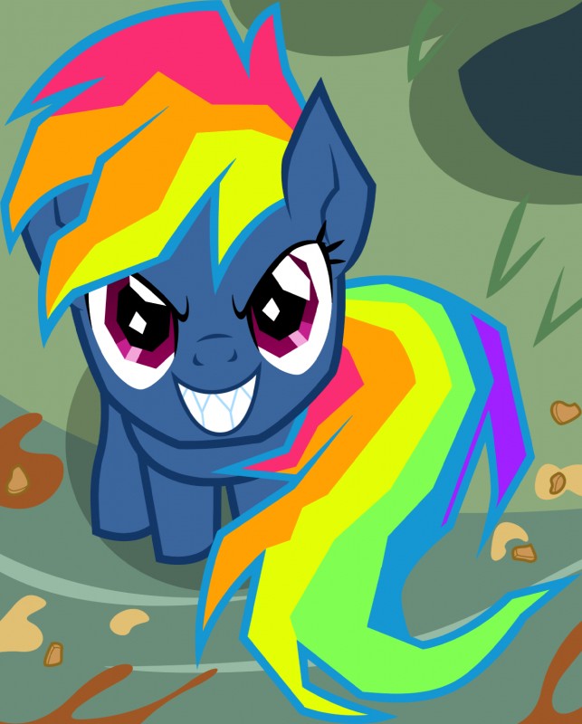 >:d dessert evil_grin female food frown grin looking_at_viewer looking_up messy pastry pie sharp_teeth sitting smile solo teeth badumsquish friendship_is_magic hasbro my_little_pony rainbow_dash_(mlp) equid equine horse mammal pony hi_res