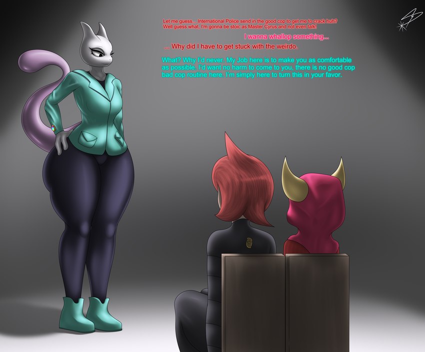 anthro big_butt breasts butt clothed clothing dialogue female furniture group hair interrogation looking_at_another red_hair simple_background sitting text remnartx starstrikex nintendo pokemon team_galactic team_magma courtney_(pokemon) mars_(pokemon) meyora generation_1_pokemon human legendary_pokemon mammal mewtwo pokemon_(species) absurd_res hi_res signature