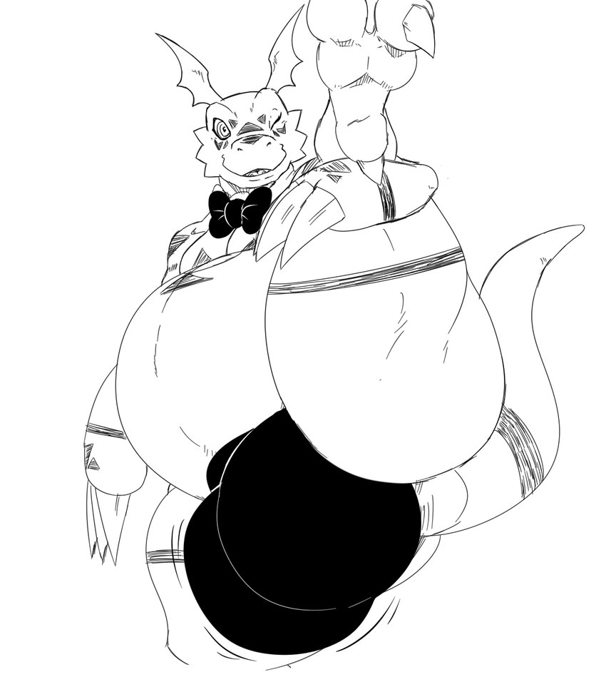 anthro arm_around_leg belly big_belly big_bulge bottom_heavy bow_tie bulge claws clothing head_wings looking_at_viewer male one_eye_closed open_mouth raised_leg raised_tail slightly_chubby slightly_chubby_anthro slightly_chubby_male solo tail thong underwear unusual_wing_placement waiter wings wink reagan700 bandai_namco digimon digimon_(species) guilmon 2022 hi_res monochrome