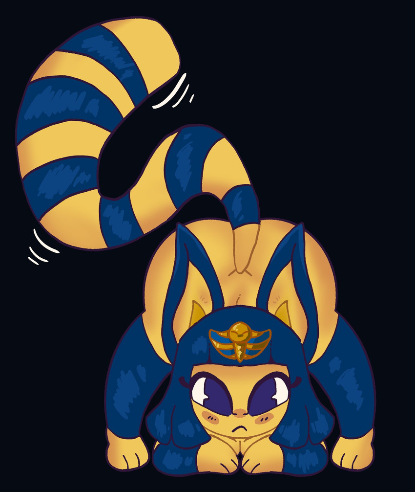 anthro ass_up big_butt black_background blue_eyes blue_hair breasts butt clothing egyptian egyptian_clothing egyptian_headdress eyelashes female hair jack-o'_pose looking_at_viewer markings nude pose simple_background solo striped_markings striped_tail stripes tail tail_markings tail_motion yellow_body mschaox6 animal_crossing nintendo ankha_(animal_crossing) domestic_cat felid feline felis mammal 2023 hi_res