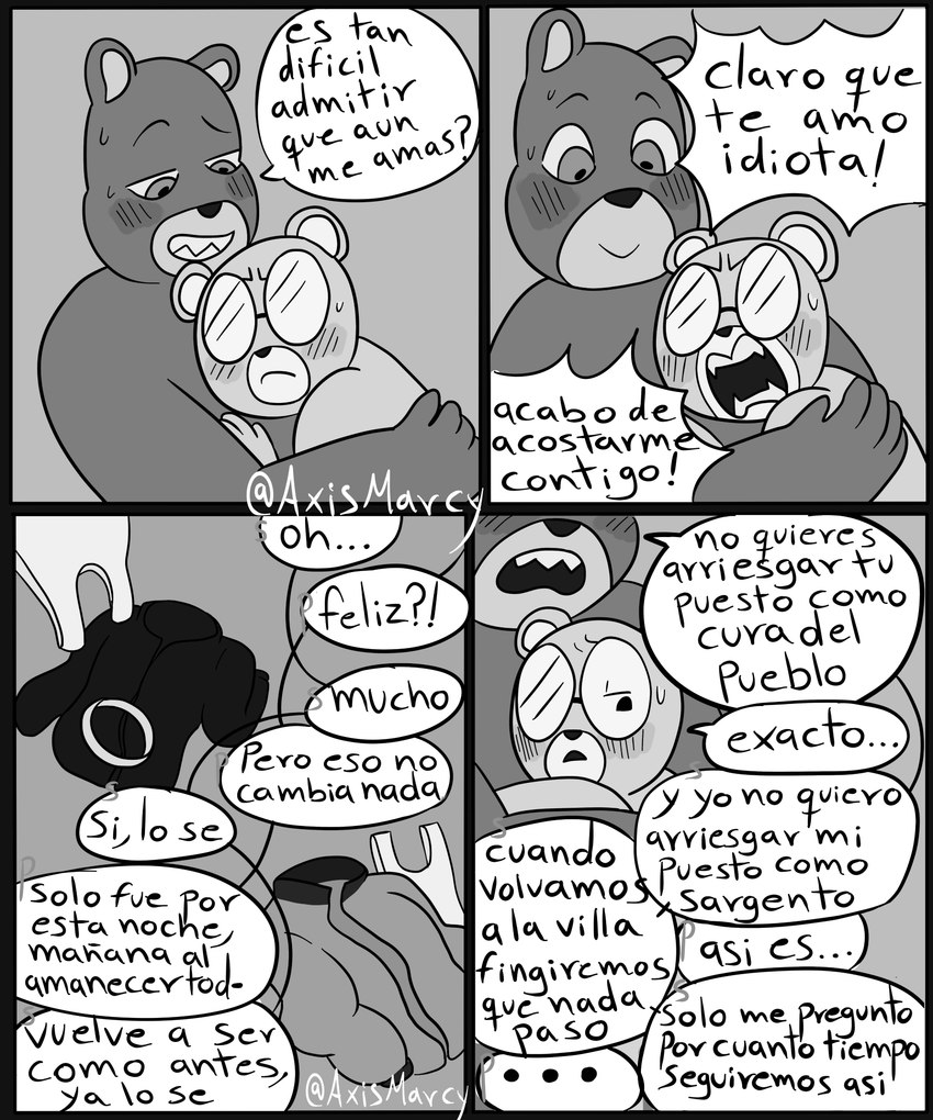 anthro biped blush bodily_fluids dialogue duo eyewear glasses hug male male/male sweat text axismarcy unicorn_wars padre_(unicorn_wars) sargento_caricias bear mammal 2023 absurd_res comic hi_res monochrome spanish_text