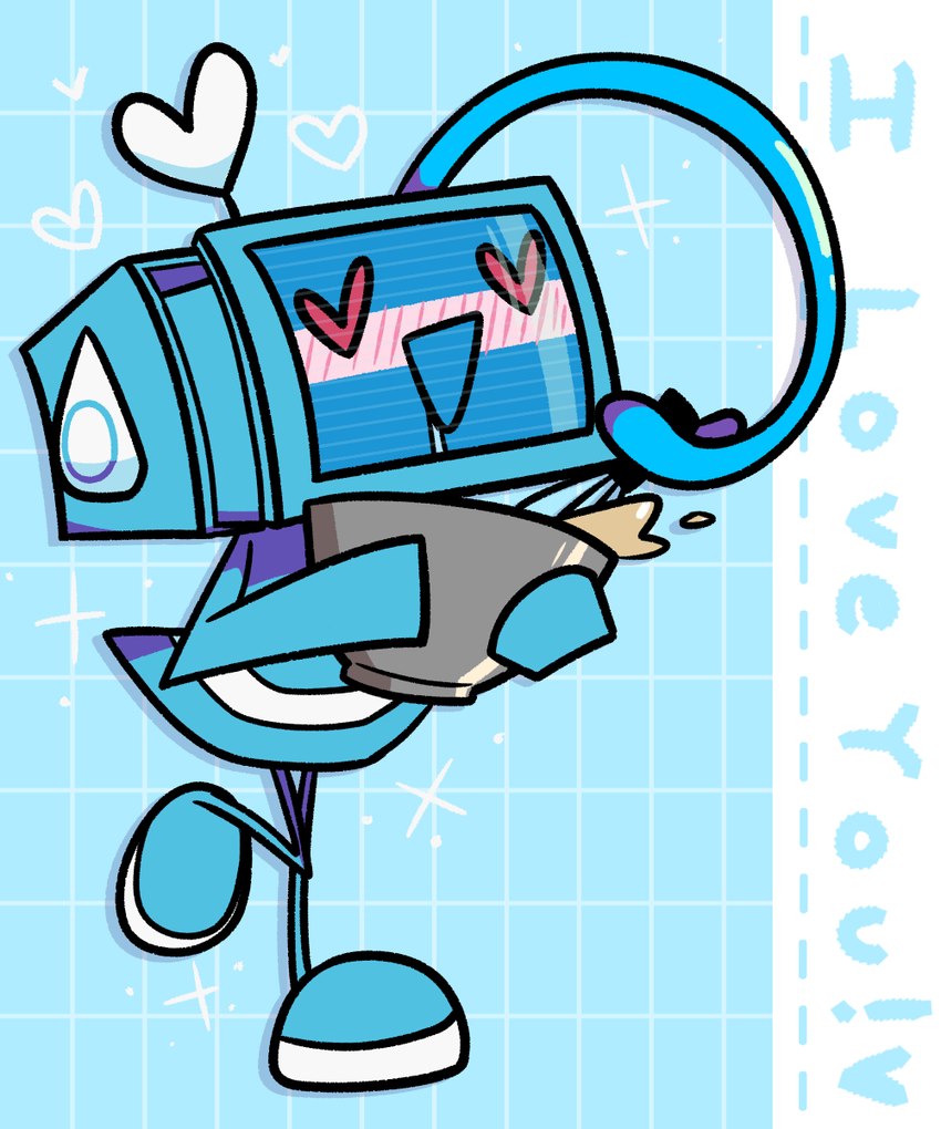 blue_body blush female for_a_head heart_eyes heart_symbol machine not_furry one_leg_up raised_leg screen screen_face solo stirring text remloww and-kensaku nintendo word_ullr object_head robot screen_head 5:6 english_text hi_res