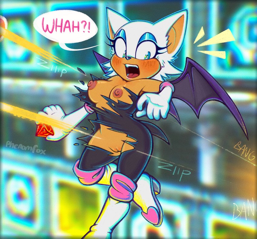 anthro blush breasts bullet clothed clothing embarrassed exposed exposed_breasts female genitals gunshot nipples no_underwear pussy solo speech_bubble text torn_clothing wardrobe_malfunction phenomfox sega sonic_the_hedgehog_(series) rouge_the_bat bat mammal english_text hi_res