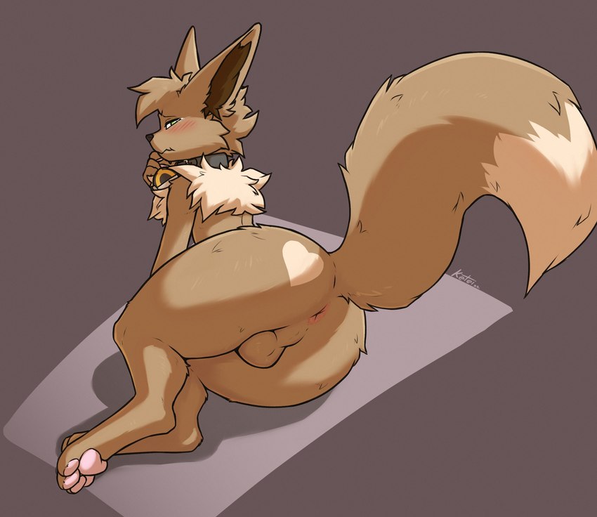 anthro anthrofied anus backsack balls big_butt big_tail blush bodily_fluids butt cheek_tuft collar collar_only digitigrade dipstick_tail facial_tuft femboy fluffy fluffy_tail genitals green_eyes grey_background half-closed_eyes heart_(marking) hindpaw legs_together looking_at_viewer looking_back lying male markings narrowed_eyes nude on_side pawpads paws perineum pink_pawpads pokeball pokeball_collar presenting presenting_anus presenting_balls presenting_hindquarters raised_tail rear_view scrunchy_face simple_background solo tail tail_markings tears thick_thighs tuft ultra_ball ketei nintendo pokemon rokkvi eevee generation_1_pokemon pokemon_(species) hi_res