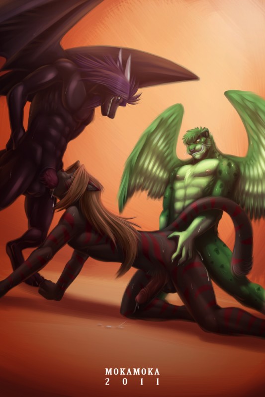 abs anal anal_penetration anthro anthro_on_anthro balls black_body black_scales bodily_fluids cum cum_in_mouth cum_inside double_penetration erection feathered_wings feathers fellatio fur genital_fluids genitals green_body green_fur group group_sex hair horn humanoid_genitalia humanoid_penis interspecies long_hair male male/male male_penetrated male_penetrating male_penetrating_male nipples oral oral_penetration penetration penile penile_spines penis purple_body purple_hair scales sex spitroast sweat tail threesome trio wings mokamoka european_mythology mythology abraxas akarei leopold_ritter dragon felid mammal mythological_creature mythological_scalie scalie western_dragon 2011 2:3 hi_res