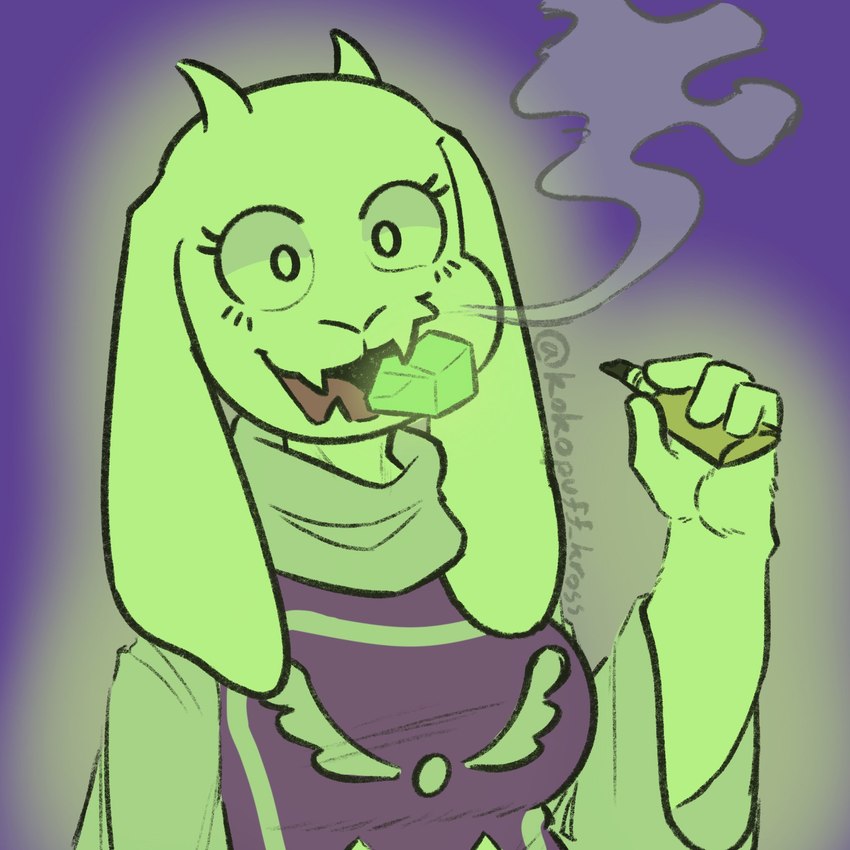 anthro big_breasts blowing_smoke blue_background breasts clothed clothing context_at_source crystal drugs fangs female floppy_ears glowing glowing_body green_crystal green_glow holding_object holding_vape humor looking_at_viewer lop_ears object_in_mouth open_mouth open_smile robe simple_background smile smoke smoking solo substance_intoxication teeth vape vaping white_body wide_eyed kokopuff_kross undertale undertale_(series) toriel boss_monster_(undertale) bovid caprine goat mammal 1:1 2025 bust_portrait hi_res portrait signature