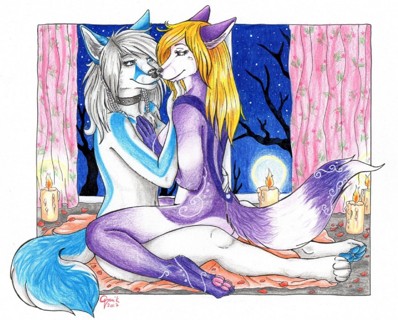 4_fingers 4_toes anthro anthro_on_anthro bedding bedroom_eyes biped blanket blonde_hair blue_body blue_eyes blue_fur blue_pawpads blue_stripes blue_tail border braided_hair breasts candle caressing choker countershade_legs countershade_tail countershade_torso countershading curtains duo ears_back eyelashes feet female female/female fingers fire fur grey_eyes grey_nose hair half-closed_eyes hand_on_chest hindpaw hug humanoid_hands inside jewelry light long_hair markings multicolored_body multicolored_fur narrowed_eyes necklace night nude on_ground on_lap outside_border pawpads paws petals pigtails pink_pawpads pivoted_ears plant purple_body purple_fur purple_stripes purple_tail romantic romantic_ambiance romantic_couple rose_petals seductive side_boob side_view sitting sitting_on_lap sky smile snout star starry_sky striped_body striped_fur stripes tail toes tree twin_braids two_tone_body two_tone_fur two_tone_tail waist_grab white_body white_border white_countershading white_fur white_hair white_markings white_tail window q-nik roxy_noir svetlana_snowpaw arctic_fox canid canine fox mammal true_fox 2017 lighting traditional_media_(artwork)