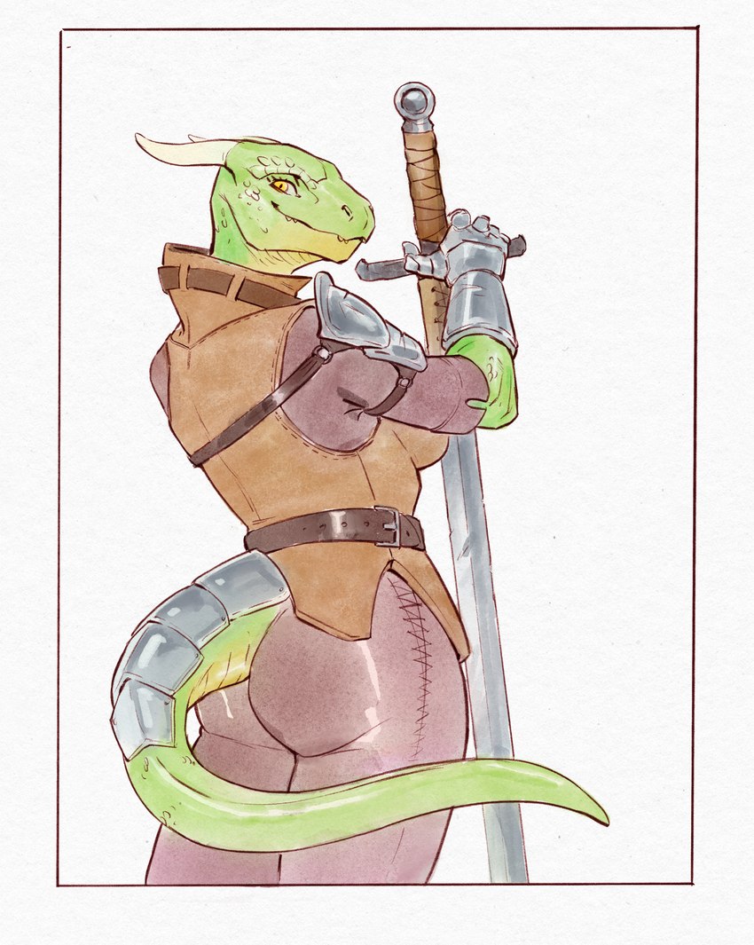 anthro armor bottomwear breasts butt butt_pose clothed clothing female furgonomics gauntlets gloves greatsword green_body green_scales handwear looking_back pants pauldron pose rear_view scales smile solo tail_armor tight_bottomwear tight_clothing tight_pants weapon yellow_eyes neracoda reptile scalie digital_media_(artwork) hi_res painting_(artwork) traditional_media_(artwork) watercolor_(artwork)