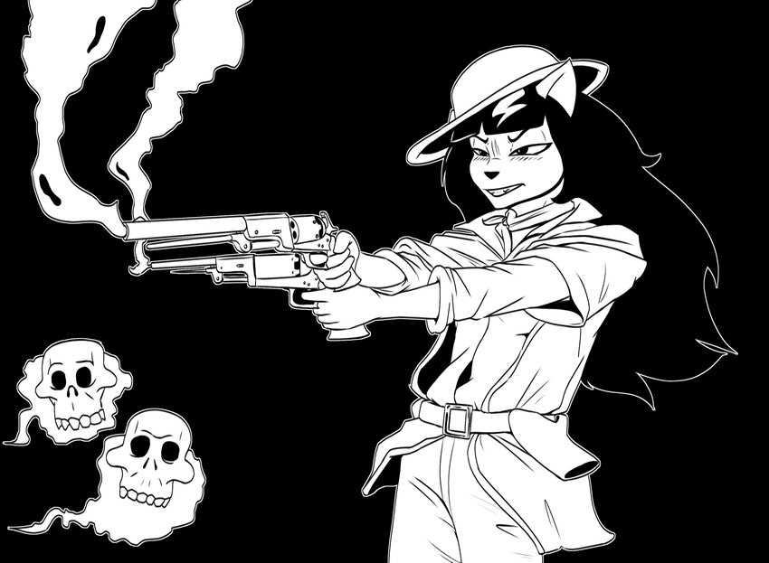 akimbo anthro clothed clothing costume dual_wielding female fur gun hair handgun hat headgear headwear holding_gun holding_object holding_ranged_weapon holding_weapon long_hair pistol precussion_revolver ranged_weapon revolver simple_background solo weapon callmewritefag the_outlaw_josey_wales usagi_yojimbo inazuma_(usagi_yojimbo) domestic_cat felid feline felis mammal 2024 black_and_white digital_drawing_(artwork) digital_media_(artwork) hi_res monochrome