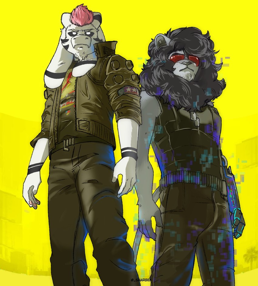 anthro belt bulletproof_vest clothing cybernetic_arm cybernetic_limb cybernetics cyberpunk dog_tags duo eyewear fur grey_body grey_fur grey_hair grey_mane grey_nose hair high_collar hologram jacket machine male mane mane_hair multicolored_body multicolored_fur pink_hair pose serious simple_background standing sunglasses topwear white_body white_fur yellow_background sharbee cd_projekt_red cyberpunk_2077 undertale undertale_(series) asriel_dreemurr_(god_form) johnny_silverhand_(cyberpunk_2077) keanu_reeves lion_central boss_monster_(undertale) bovid caprine cyborg felid lion mammal pantherine 2021 hi_res signature