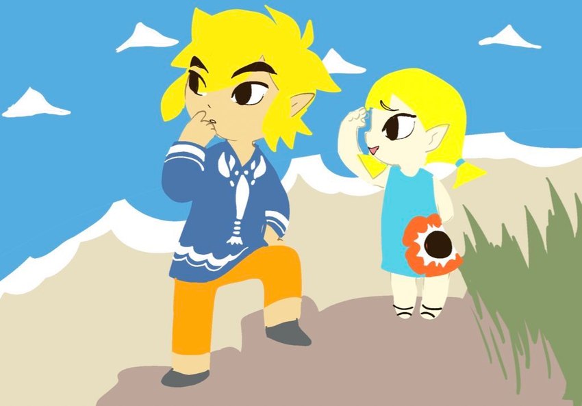 beach duo female humanoid_pointy_ears male not_furry pointy_ears dokudrinker nintendo the_legend_of_zelda wind_waker aryll link toon_link humanoid hylian lineless brother_(lore) brother_and_sister_(lore) sibling_(lore) sister_(lore)