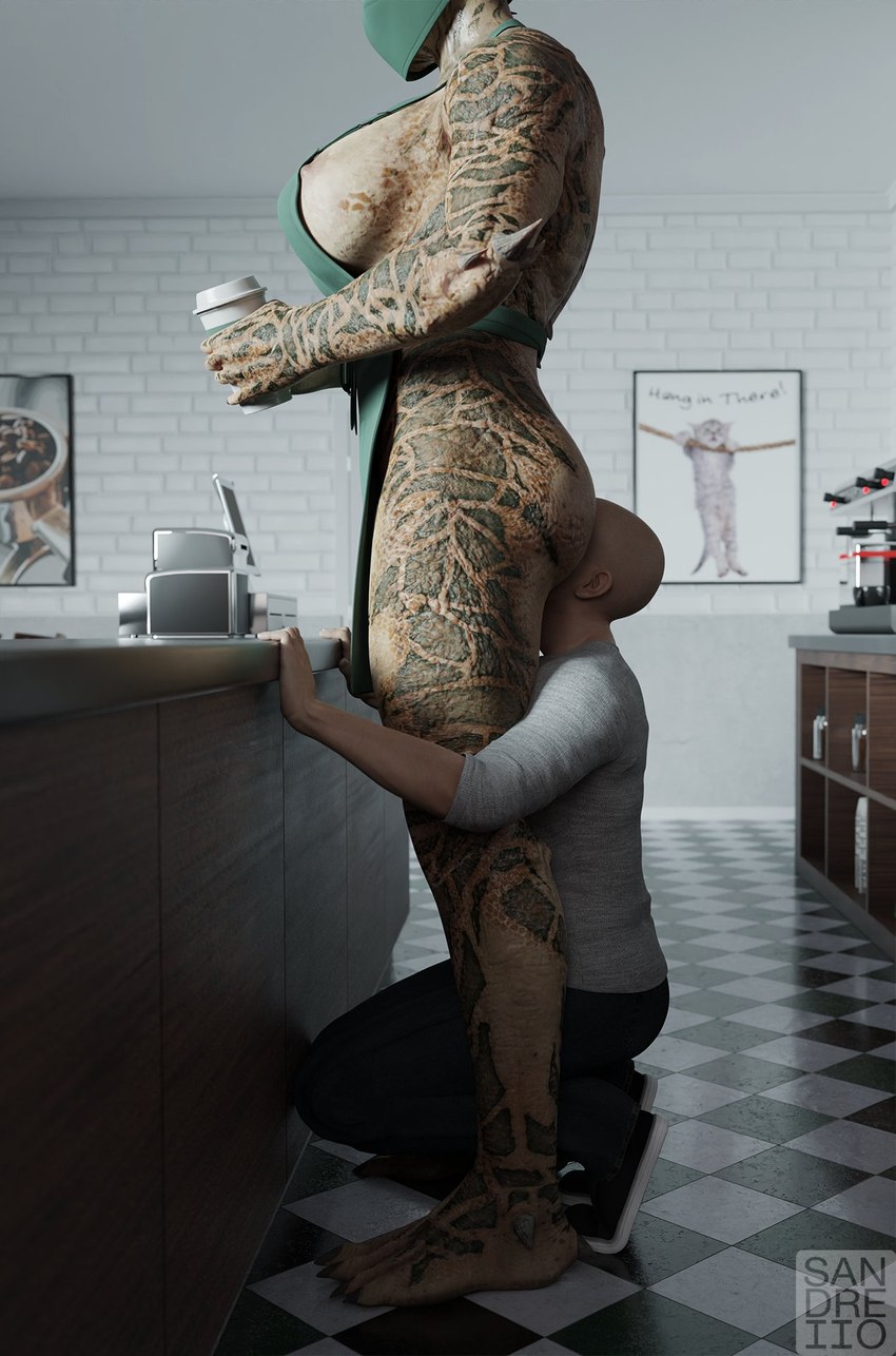 apron apron_only breasts claws clothing container cup duo face_mask female hair looking_at_viewer male male/female mask nipples pen sandreiio hang_in_there predator_(franchise) starbucks alien human mammal yautja digital_media_(artwork) hi_res