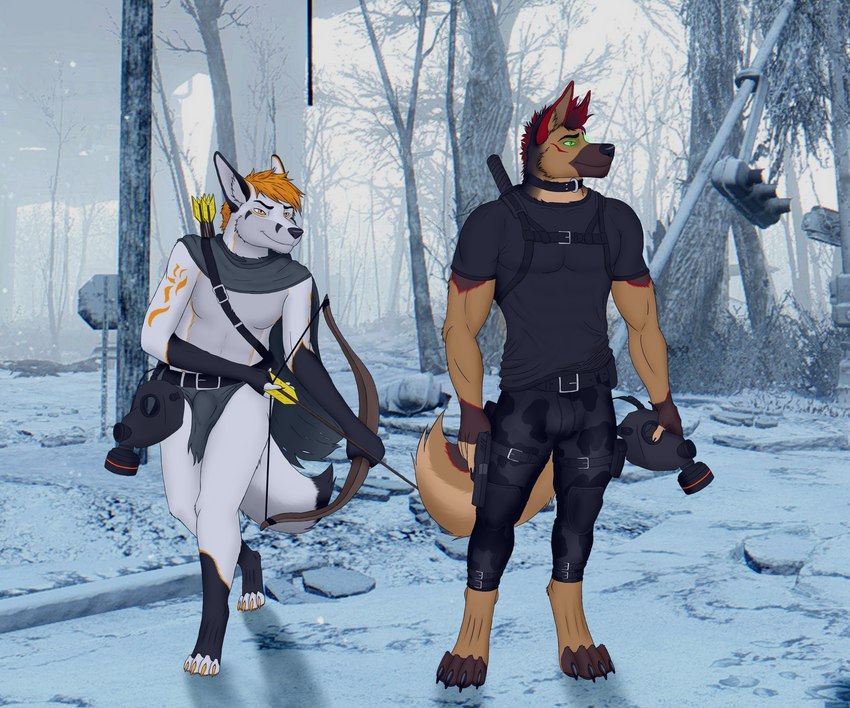 anthro arrow_(weapon) biceps bow_(weapon) clothed clothing collar duo gas_mask gun hair handgun holding_object holding_weapon male male/male mask muscular muscular_male pistol ranged_weapon weapon winter teinwilde fallout microsoft dronick teinwilde_(character) arctic_fox canid canine canis domestic_dog fox german_shepherd herding_dog mammal pastoral_dog true_fox 6:5 absurd_res digital_media_(artwork) hi_res