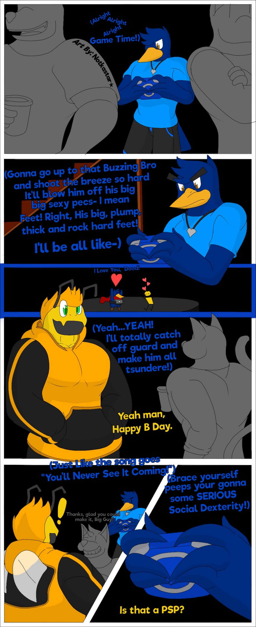 anthro clothing dialogue group heart_symbol hoodie male muscular party pecs text thinking thoughtful_expression topwear conditional_dnp notkastar disgaea nippon_ichi_software playstation playstation_portable sony_corporation sony_interactive_entertainment notska_(character) arthropod avian bee bird felid feline hymenopteran insect mammal prinny absurd_res alpha_channel english_text hi_res