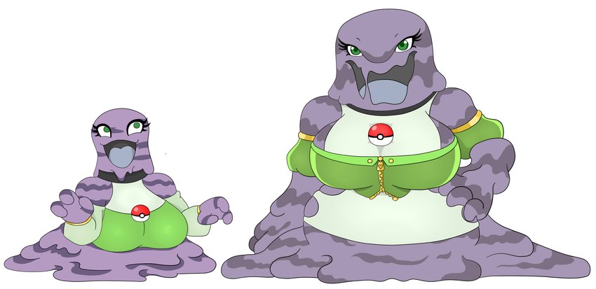 3_fingers anthro anthrofied armwear big_breasts breasts clothing duo female fingers goo-connected_lips green_eyes legless pokeball pokemorph purple_body shirt simple_background slime tongue topwear white_background zipper urusee584 nintendo pokemon generation_1_pokemon goo_creature grimer muk pokemon_(species) hi_res