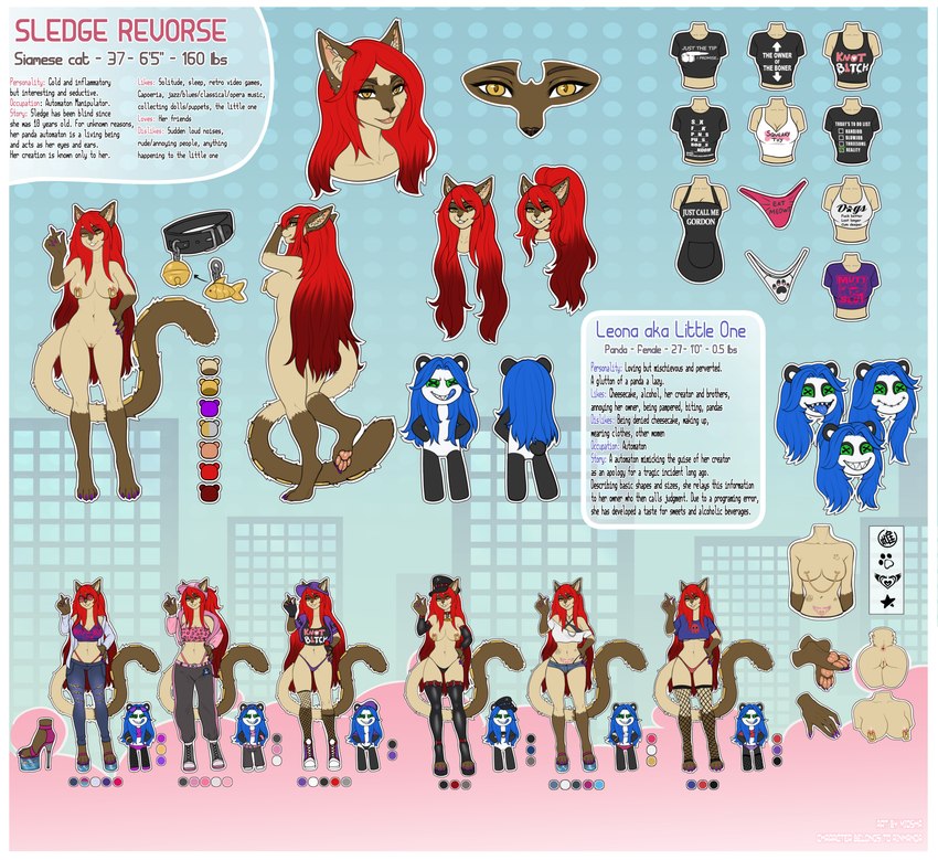 anthro areola bell bell_collar biped breasts clothed clothing collar color_swatch ear_piercing female genitals hair knocker_piercing long_hair nipple_piercing nipples pawpads piercing plushie profanity pussy red_hair solo tail text text_on_clothing text_on_topwear topwear miosha leona_(aka)_little_one sledge animate_inanimate domestic_cat felid feline felis living_plushie mammal siamese 2024 english_text hi_res model_sheet