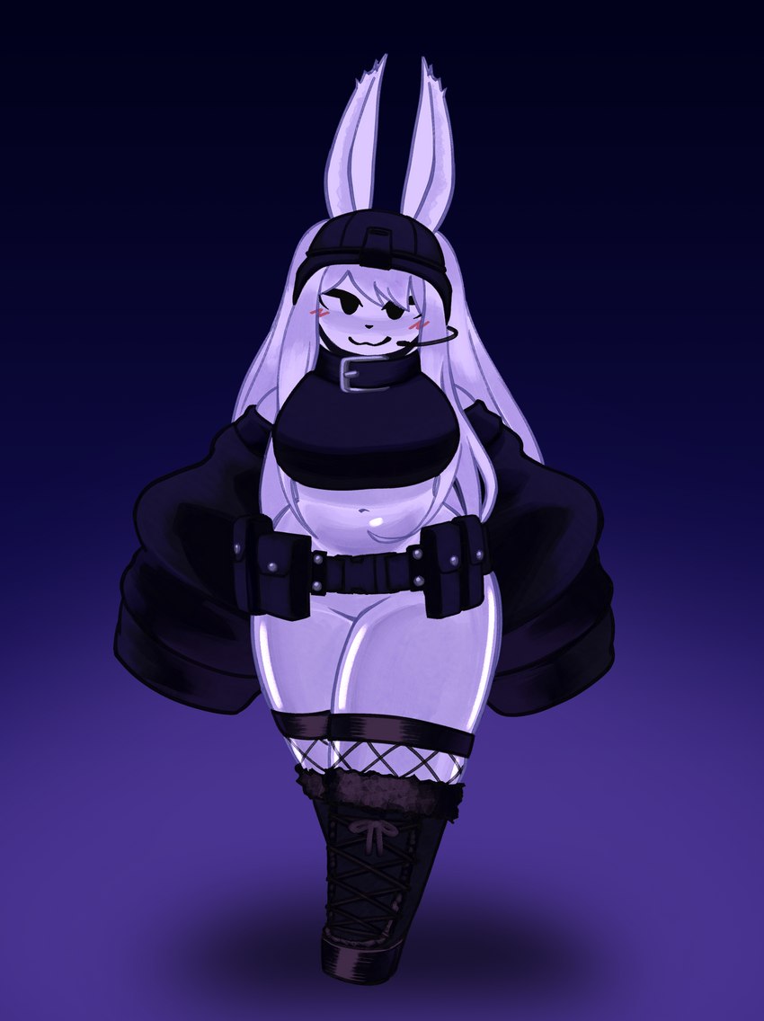 :3 anthro belt big_breasts black_clothing black_eyes breasts clothing ears_up female fur hair hat headgear headwear jacket looking_at_viewer purple_background simple_background smile solo standing thick_thighs topwear white_body white_fur white_hair armorv1 roblox lagomorph leporid mammal rabbit hi_res