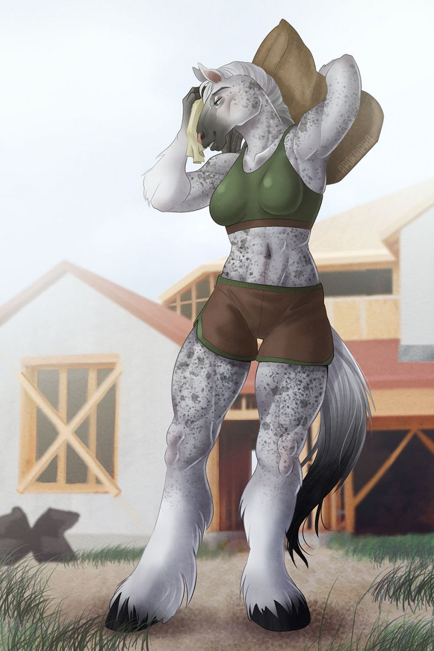 anthro barn bottomwear bra breasts carrying_another clothed clothing collarbone farm feathering female fetlocks front_view fur grass green_bra green_clothing green_sports_bra green_underwear hair hooves markings midriff muscular muscular_anthro muscular_female navel outside plant shorts smile solo sports_bra spots spotted_body spotted_fur standing underwear unguligrade white_hair wiping_forehead apokripha draft_horse equid equine horse mammal shire hi_res