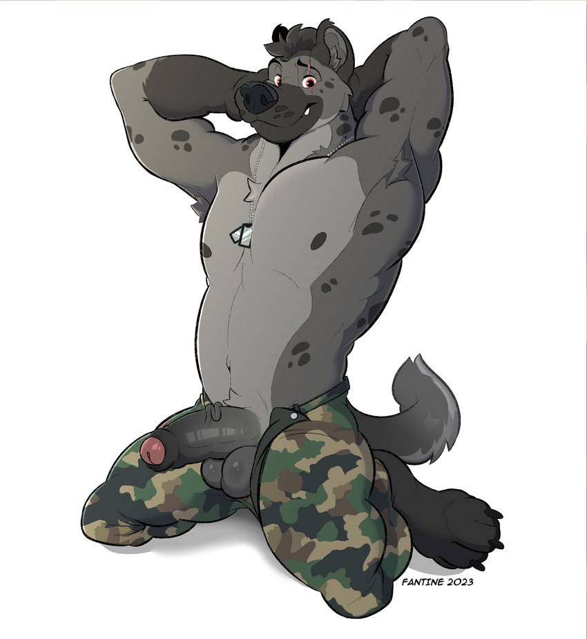 abs anthro armpit_hair arms_behind army army_outfit army_uniform balls barefoot biceps body_hair bottomwear camo camo_bottomwear camo_clothing camo_pants camo_print clothed clothing dog_tags erection eye_scar facial_scar feet foreskin fur genitals grey_body grey_fur hands_behind_head humanoid_genitalia humanoid_penis looking_at_viewer male manly markings military military_clothing military_pants military_uniform muscular muscular_anthro muscular_male nipples open_bottomwear open_clothing open_pants pants pattern_bottomwear pattern_clothing pattern_pants pecs penis pose red_eyes scar seductive simple_background soldier soldier_uniform solo spots spotted_body spotted_fur spread_legs spreading tail thick_arms topless topless_anthro topless_male uniform unzipped unzipped_pants warrior white_background zipper fantine hyena mammal spotted_hyena digital_media_(artwork) hi_res