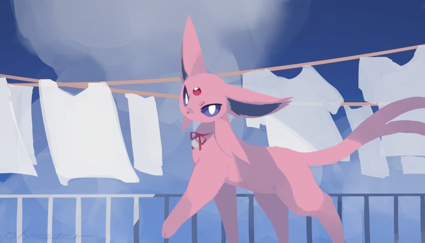 ambiguous_gender bell bell_bow bell_collar blue_inner_ear bow_ribbon clothes_line clothing cloud collar day detailed_background feral forehead_gem forked_tail fur gem laundry looking_at_viewer monotone_body monotone_fur monotone_tail neck_bow one_ear_up outside pink_body pink_ears pink_fur pink_tail pose pupils purple_eyes quadruped railing red_bow red_ribbon shirt side_view sky solo standing tail topwear unusual_anatomy unusual_tail walking white_clothing white_pupils white_shirt white_topwear nagasaki_wonderful_polyester nintendo pokemon eeveelution espeon felid feline generation_2_pokemon mammal pokemon_(species) 2024 colored digital_media_(artwork) digital_painting_(artwork) full-length_portrait portrait shaded signature