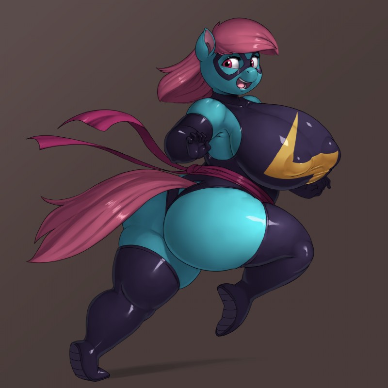 anthro armwear big_breasts big_butt blue_body blue_skin boots breasts butt clothing domino_mask elbow_gloves exposure_variation eyemask eyewear female footwear gloves hair handwear huge_breasts latex legwear long_hair looking_back mask nipple_outline open_mouth pink_hair red_eyes running shoes simple_background slightly_chubby smile solo thick_thighs thigh_boots thigh_highs thong tight_clothing tongue underwear kevinsano hasbro marvel my_little_pony fan_character ms._marvel ruby_blossom earth_pony equid equine horse mammal pony 1:1 2015 crossover digital_media_(artwork) full-length_portrait hi_res portrait