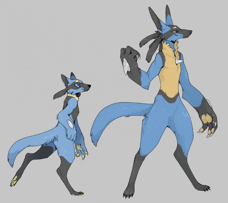 ambiguous_gender anthro black_body black_fur blue_body blue_eyes blue_fur duo fur grey_background multicolored_body multicolored_fur semi-anthro simple_background smile spikes tail tan_body tan_fur corykatze nintendo pokemon generation_4_pokemon lucario pokemon_(species) riolu