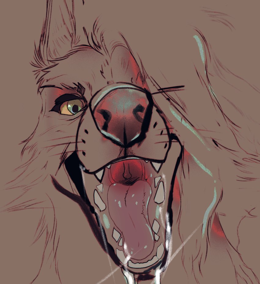 ambiguous_form bodily_fluids green_eyes hair hair_over_face imminent_vore male markings mouth_shot open_mouth saliva saliva_string solo talking_to_viewer teeth uvula whisker_markings whiskers yellow_sclera 64k canid canine mammal digital_media_(artwork) hi_res sketch