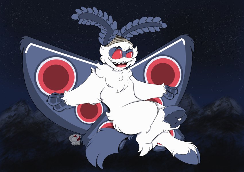 alternate_species antennae_(anatomy) anthro digitigrade fluffy male mountain neck_tuft night open_mouth painted_background red_eyes solo tuft wings jackbaphomet mash_(character) arthropod insect lepidopteran moth 2023 absurd_res digital_drawing_(artwork) digital_media_(artwork) full-length_portrait hi_res portrait watermark