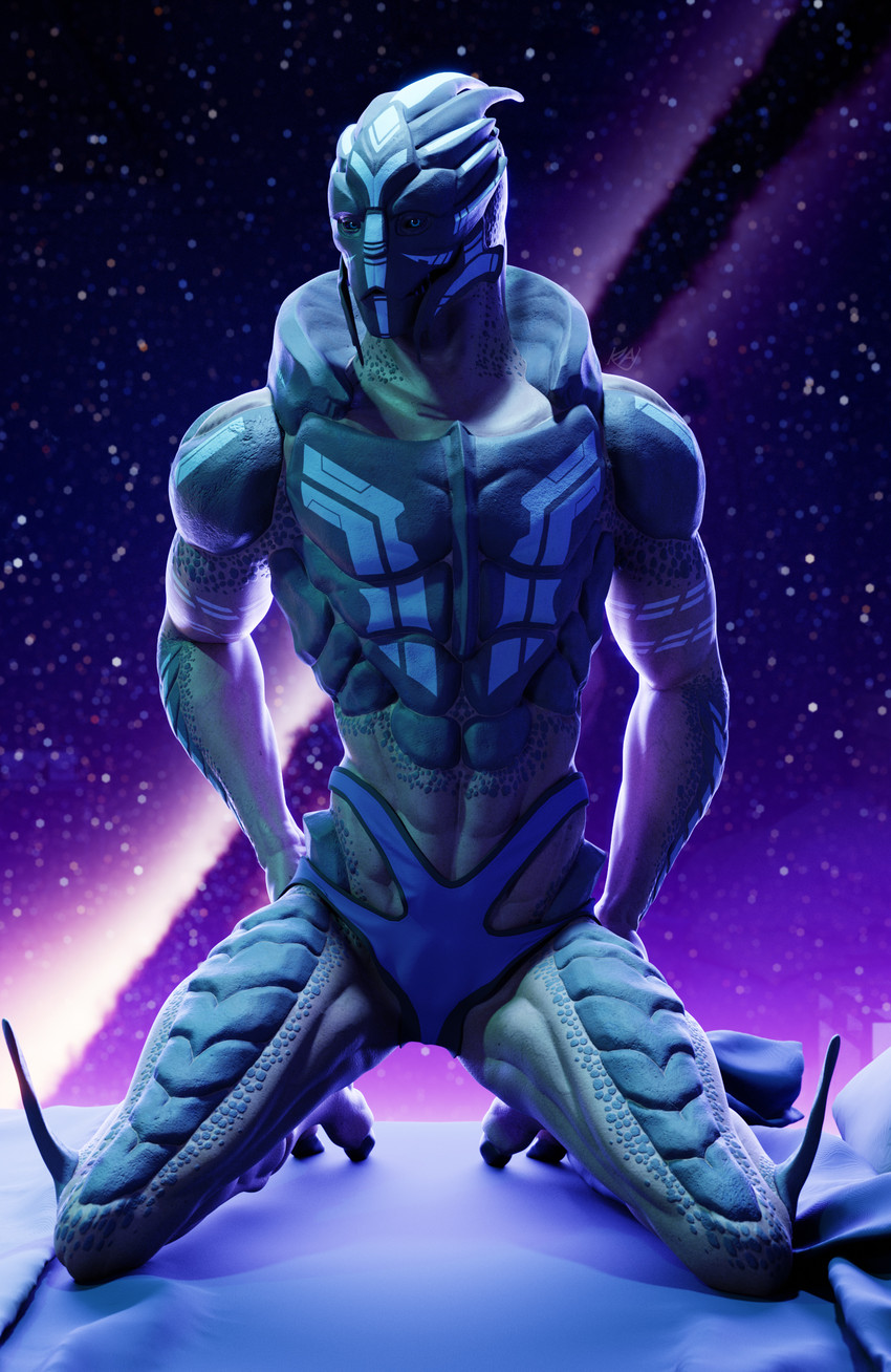 bed blue_eyes clothing furniture hand_on_butt kneeling looking_at_viewer male muscular muscular_male on_bed solo space underwear kagekave bioware electronic_arts mass_effect alien turian 3d_(artwork) absurd_res digital_media_(artwork) hi_res