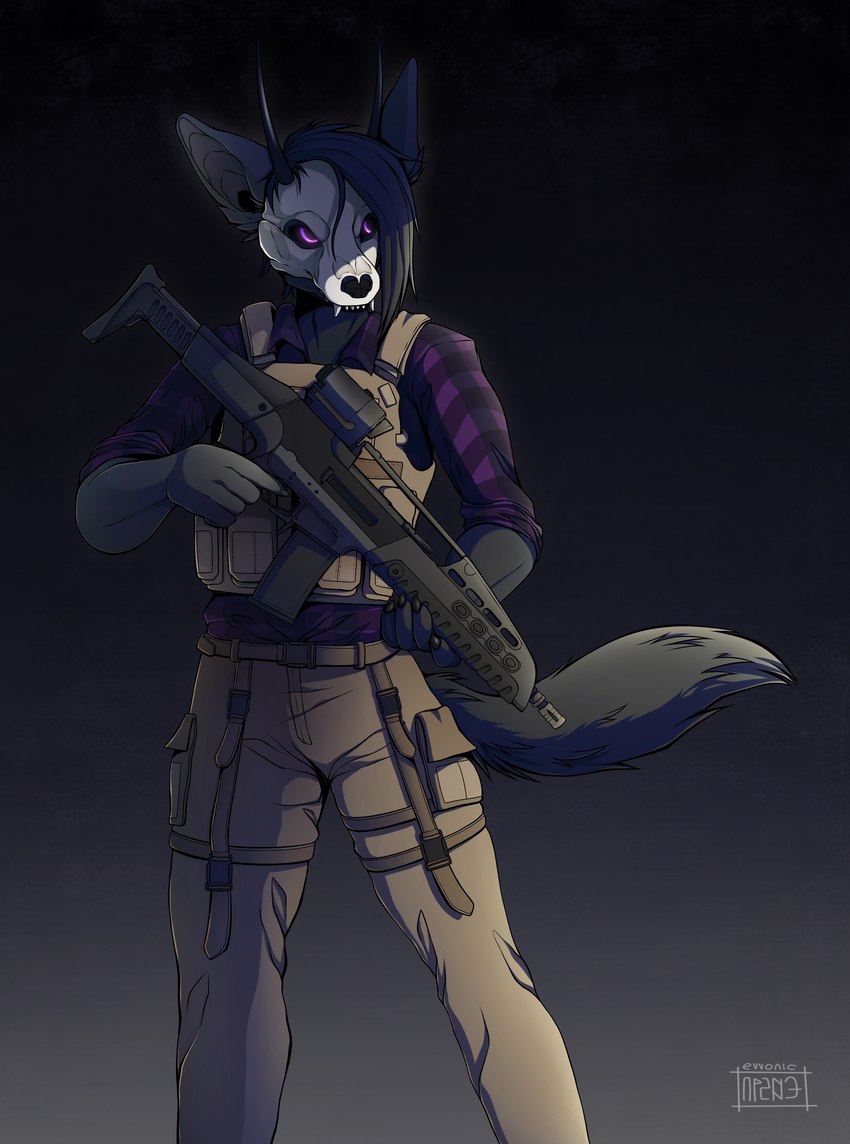 angry anthro assault_rifle black_body black_fur bottomwear bulletproof_vest cargo_pants clothed clothing flannel fur gun horn male mask pants plate_carrier purple_eyes ranged_weapon rifle skull_mask solo tactical_gear weapon xm8 evvonic magnae abyssal_wolf 2021 absurd_res hi_res