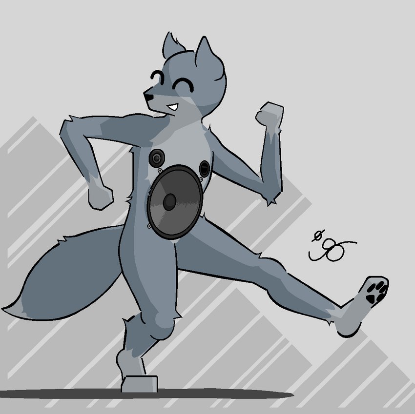 ^_^ anthro appliance arm_tuft belly black_nose black_pawpads body_modification countershade_face countershade_torso countershading dancing dipstick_tail ear_tuft elbow_tuft eyes_closed fist fur gloves_(marking) grey_background grey_belly grey_body grey_fur grey_markings grey_tail grey_tail_tip grey_underbelly happy inanimate_transformation knee_tuft leg_markings leg_tuft looking_away machine male male_anthro markings nipples nude one_leg_up outline partial_transformation pawpads paws raised_leg simple_background smile socks_(marking) solo speaker subwoofer tail tail_markings thick_tail transformation tuft unusual_anatomy unusual_nipples daleport996 dennias_(daleport996) animate_inanimate canid canine canis living_appliance living_machine mammal wolf 2023 aliasing binary_drawing cel_shading digital_drawing_(artwork) digital_media_(artwork) shaded signature