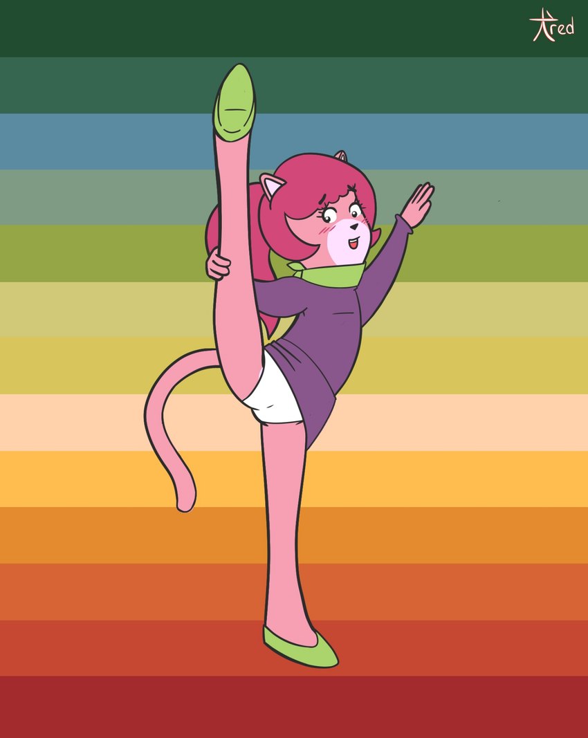 abstract_background adolescent anthro blush camel_toe clothing female flexible fur hair loli one_leg_up open_mouth panties pink_body pink_fur pink_hair raised_leg scarf simple_background solo splits spread_legs spreading standing underwear vertical_splits young young_anthro inured cattanooga_cats hanna-barbera kitty_jo domestic_cat felid feline felis mammal hi_res