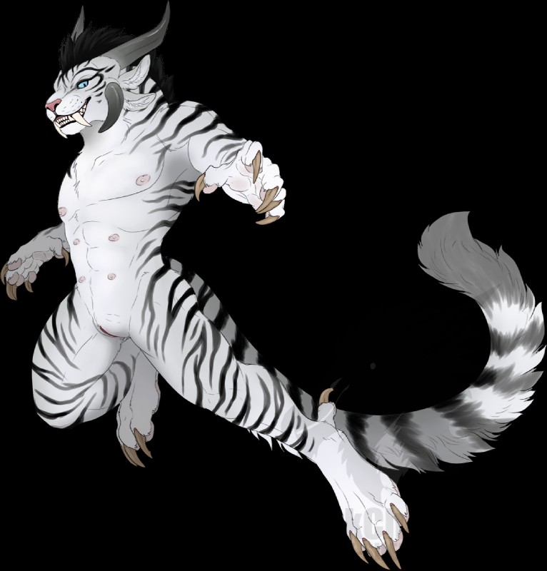 4_ears anthro big_tail blue_eyes claws fangs feet female flat_chested fluffy fluffy_tail fur genitals hair hindpaw horn mane multi_ear multi_nipple nipples nude pawpads paws pussy sabertooth_(anatomy) simple_background smile solo striped_body striped_fur stripes tail teeth text toe_claws transparent_background white_body white_fur blackchaos666 guild_wars charr felid mammal alpha_channel hi_res url watermark