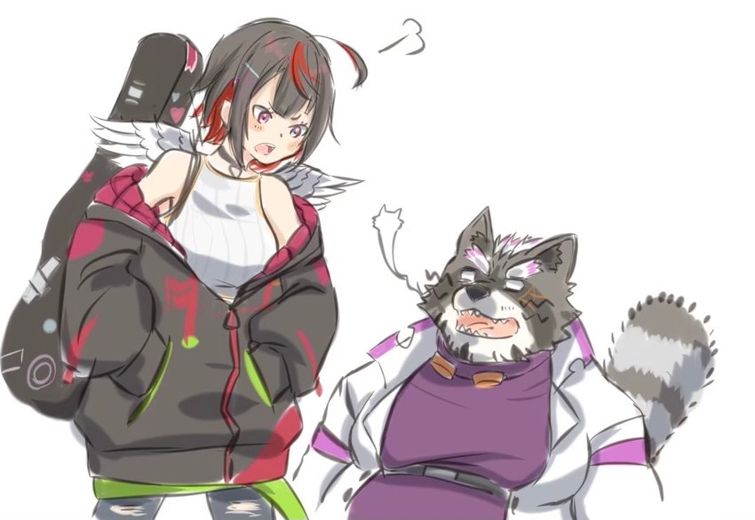 anthro belly biped blush clothing duo grey_body hoodie kemono male overweight overweight_male topwear sabita_kan lifewonders live_a_hero viscunam mammal procyonid raccoon 2022